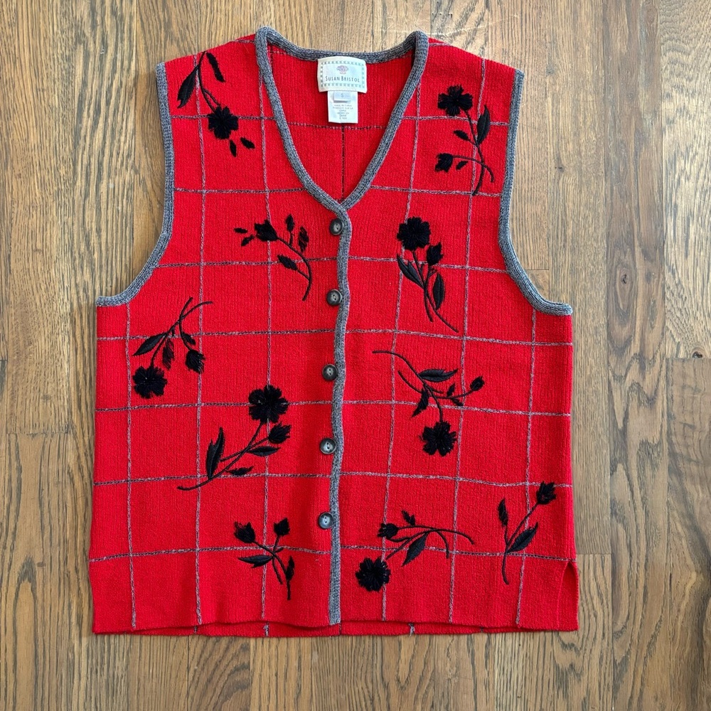 Vintage Red and Grey Pattern Floral Susan Bristol Sweater Vest